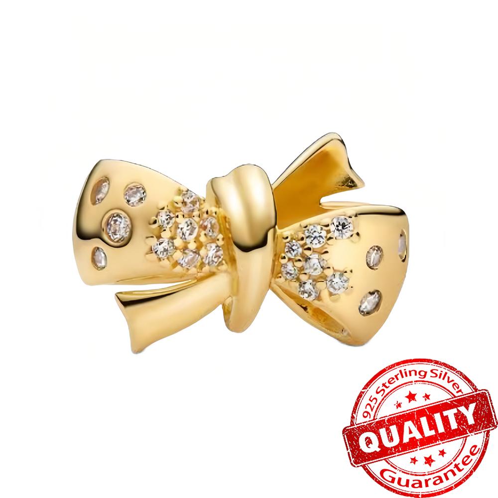 Lovely Copper Sparkling Pink Bow Charm Copper Diamond Heart Charm Fit Original Bracelet & Necklace Diy Jewelry