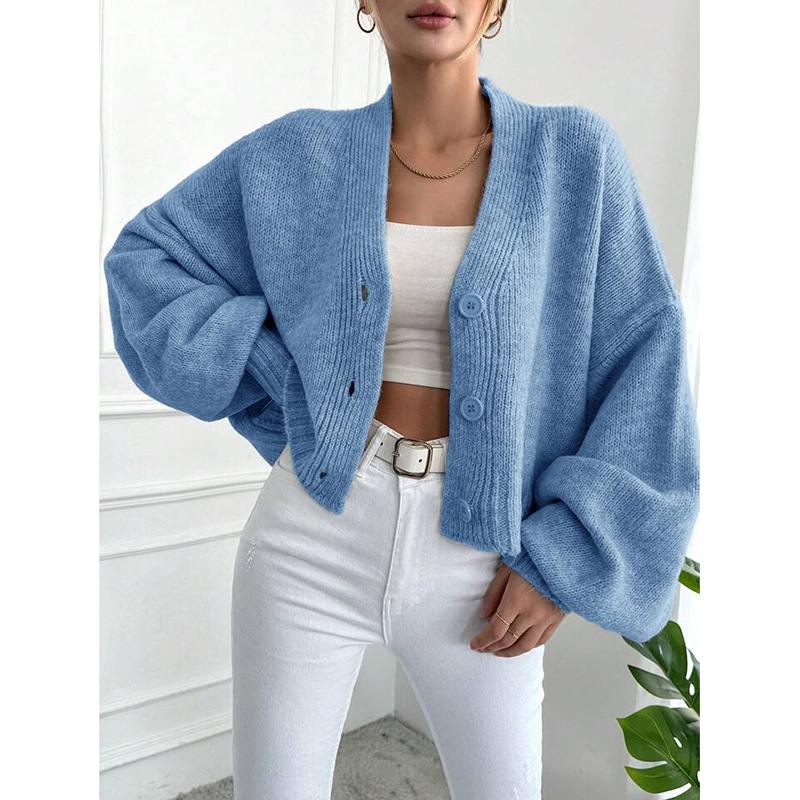 Knitted Cardigan Women's Autumn and Winter New Item Casual Loose V-neck Lantern Sleeves Knitted Sweater Women