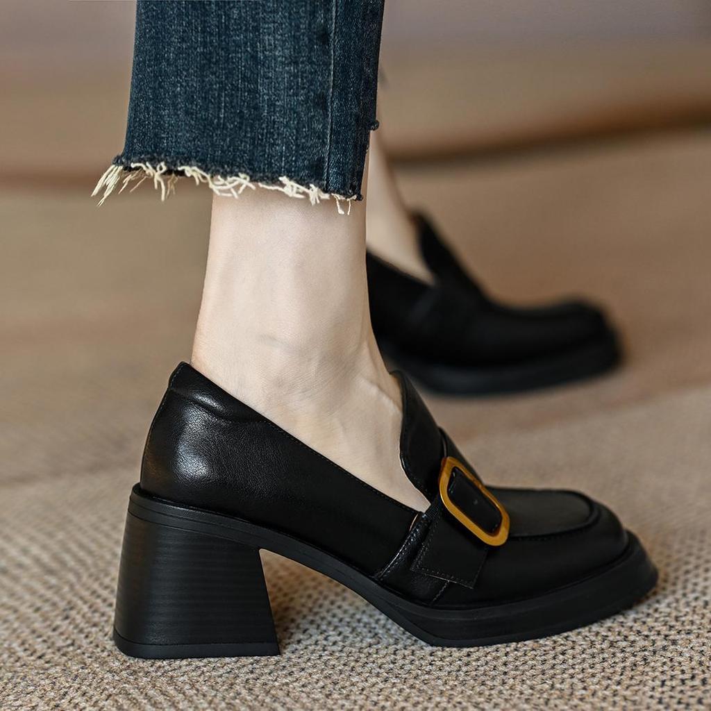 Maogu 2024 New Thick-soled College Style Casual Loafers Black Leather Fashion Pumps Girls Heels Shoes Female Women British Style