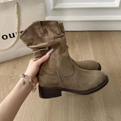 2025 осень новые западные ковбойские сапоги женские универсальные и тонкие одинарные сапоги средней длины голенища сапоги-рыцари плиссированные на наборном каблуке ботинки Мартин