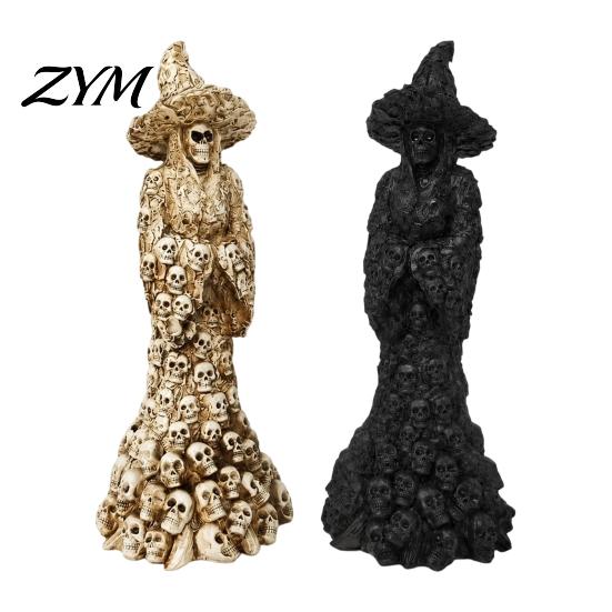 Decorative Witch Figurine Skeleton Resin Figurine, LED Light Up Gothic Statue, Spooky Handcrafted Statue Dark Fantasy Ornament for Desk, Shelf, Mantel