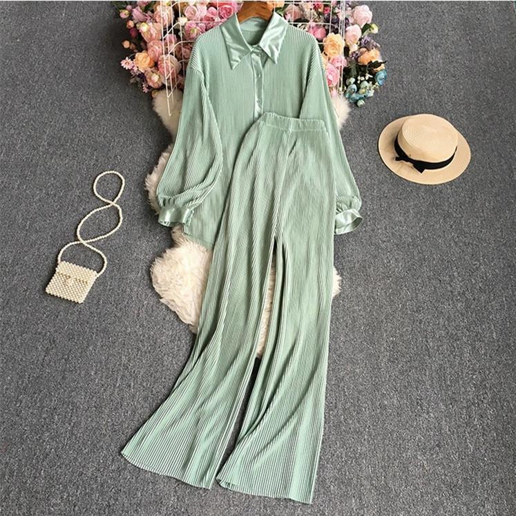 Осенний курортный стиль, рубашка с лацканами в стиле ретро и эластичной талией, широкие брюки, комплект из двух предметов, женский костюм