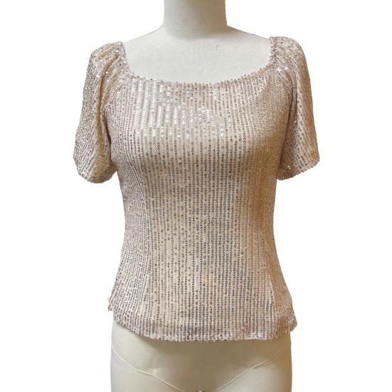 Women Tops Square Collar Puff Short Sleeve Sequin Tops Glitter Sparkling Party Blouse Evening Party Tops