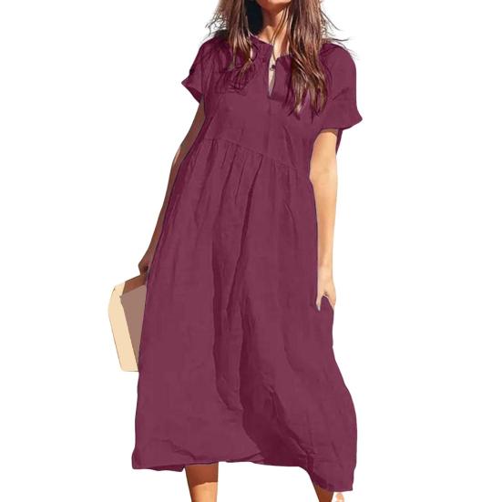 Women's Cotton Linen Maxi Dress Casual Short Sleeve V-Neck Sundress Loose Beach