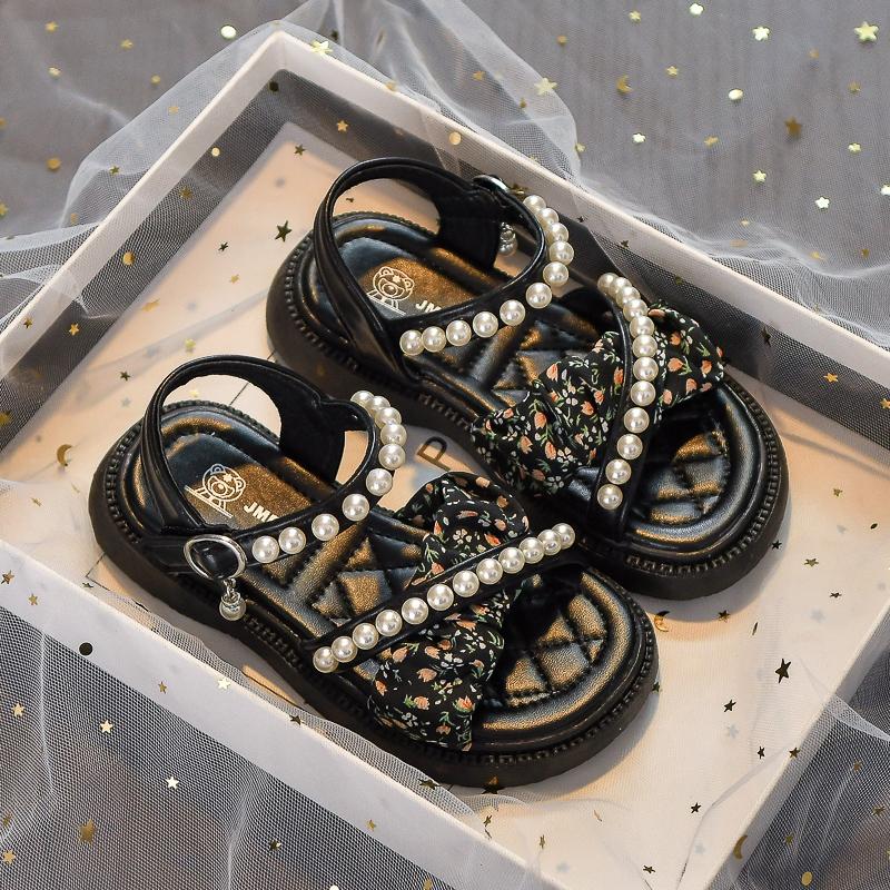 Сандалии принцессы для девочек, детские сандалии с крестообразным жемчугом, летняя модная пляжная обувь для маленьких детей, нескользящая мягкая подошва, размер 26-37