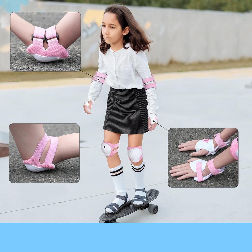 Детская защитная экипировка для юниоров Детские наколенники, налокотники и защита запястий для скейтбординга и Размер Розовый и черный [lulubelle] Набор из 6 предметов, Велоспорт, S,