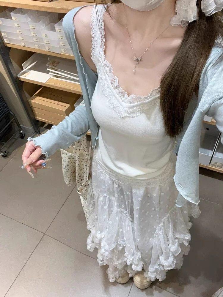 V-neck Lace Camisole Vest for Women - 92% Cotton, Plus Size, Spring/Summer Top