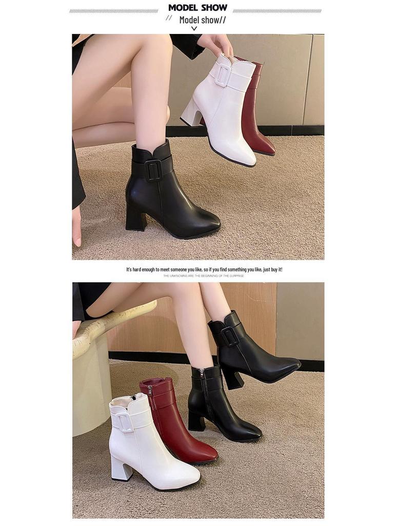 Женские зимние ботильоны из искусственной ПУ кожи на блочном каблуке с боковой молнией, круглым носком и подкладкой из искусственного плюша