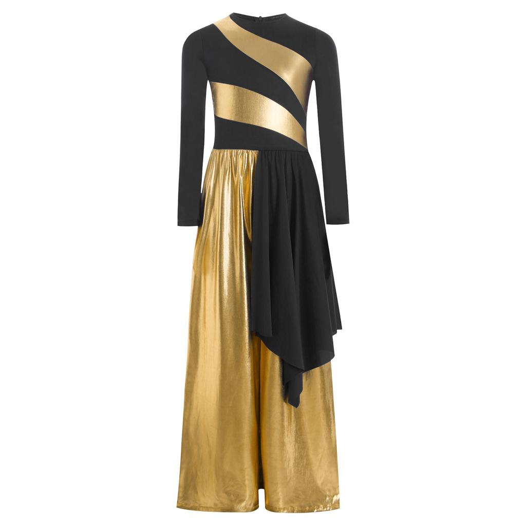 Girls Praise Dance Bodysuit Metallic Color Block Design Patchwork Irregular Drape Wide Leg Jumpsuit