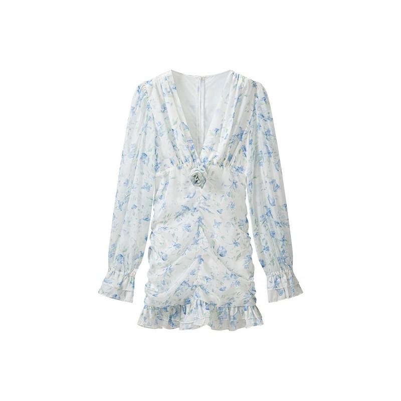 Floral Print Deep V-Neck Long Sleeve Dress Slim Fit High Waist Midi Fresh Sweet Style Young Women