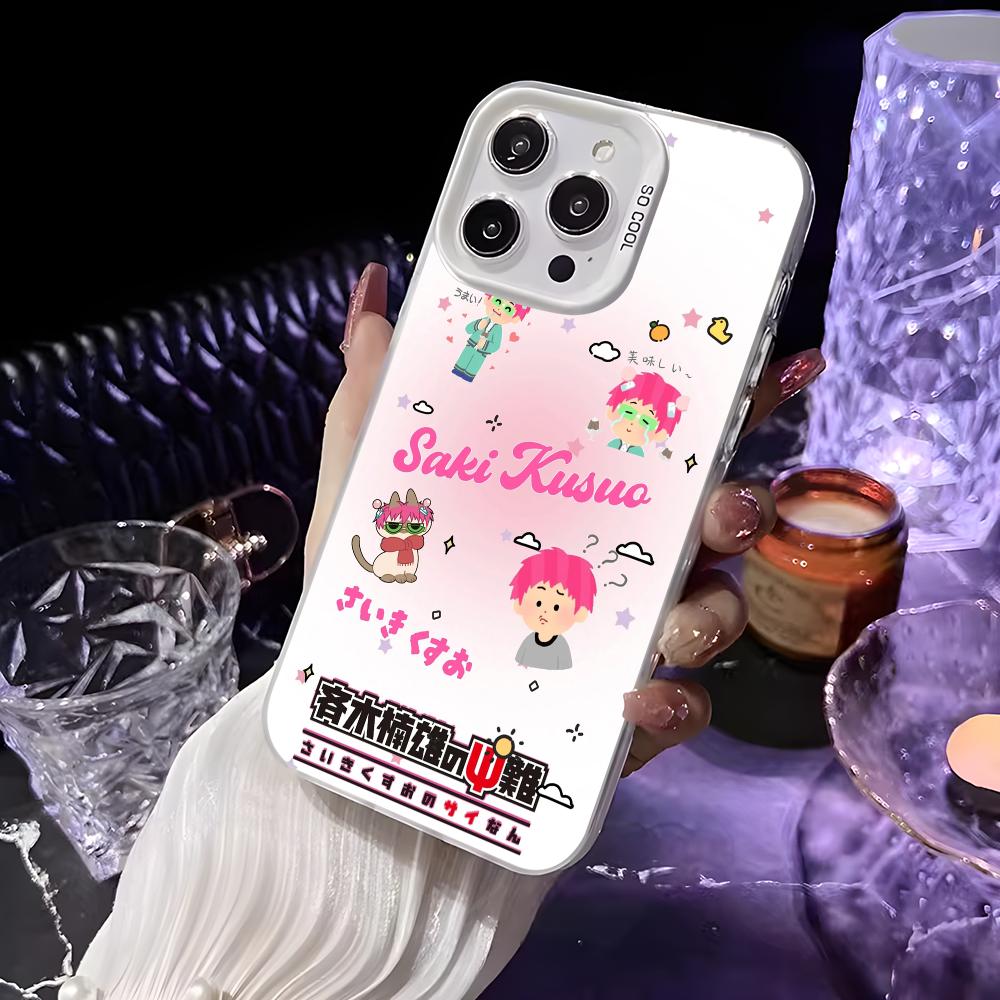 Чехол для телефона аниме S-Сайки Кусуо для iPhone 16 15 14 13 12 11 Pro Max Белый Матовый Лазерный Металлик Аврора Funda