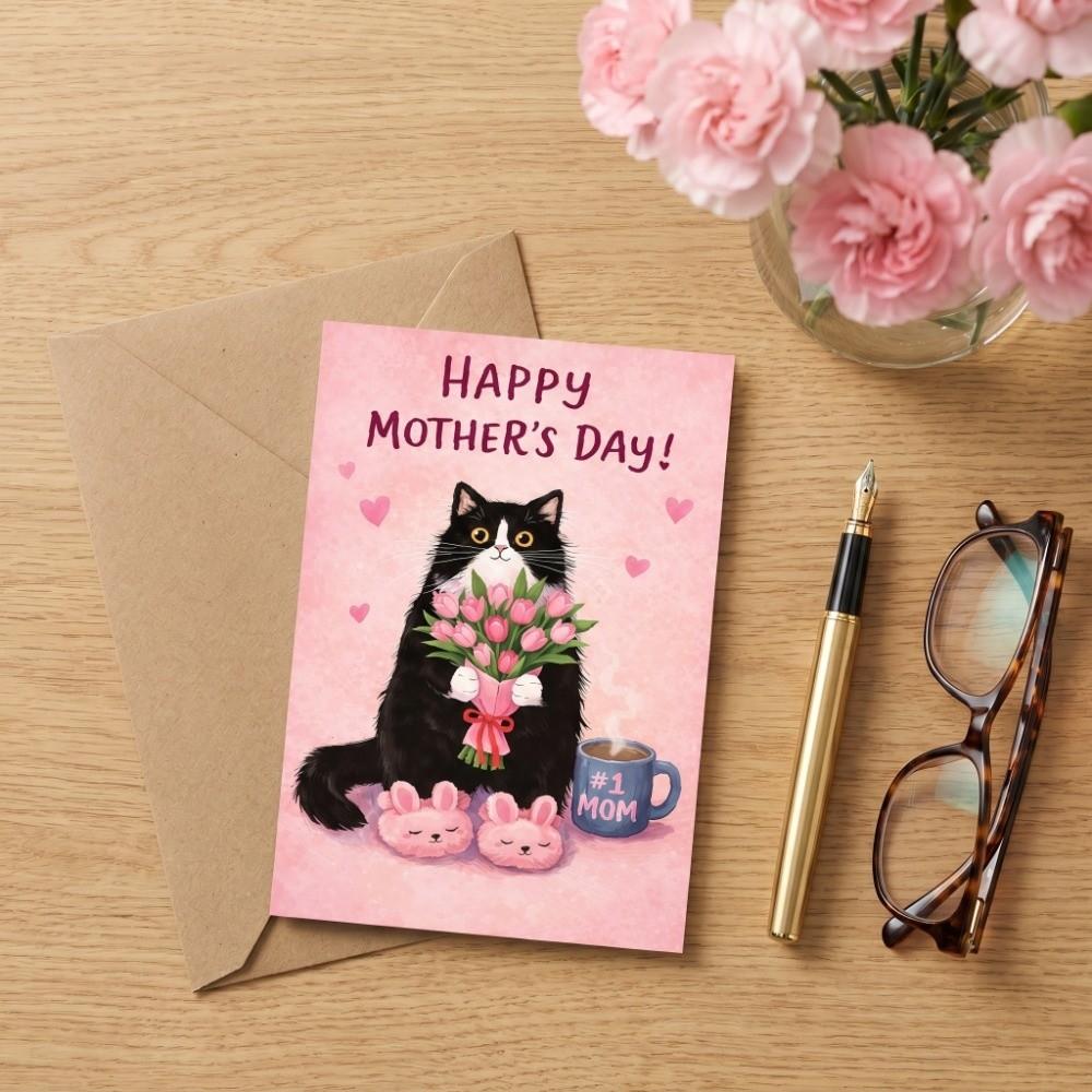 Blessing Message Mother's Day Greeting Card Cats Holding Pink Tulips Whimsical Card  Birthday Party