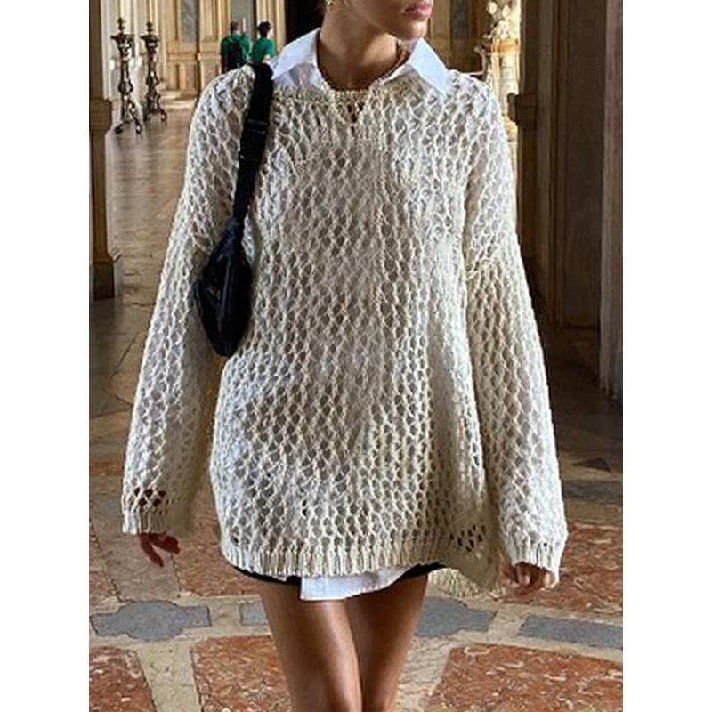 Уличная одежда, пуловер, женский винтажный повседневный вязаный свитер, футболка с длинным рукавом Y2K, ажурный халат, топы, свободные пуловеры, модная футболка