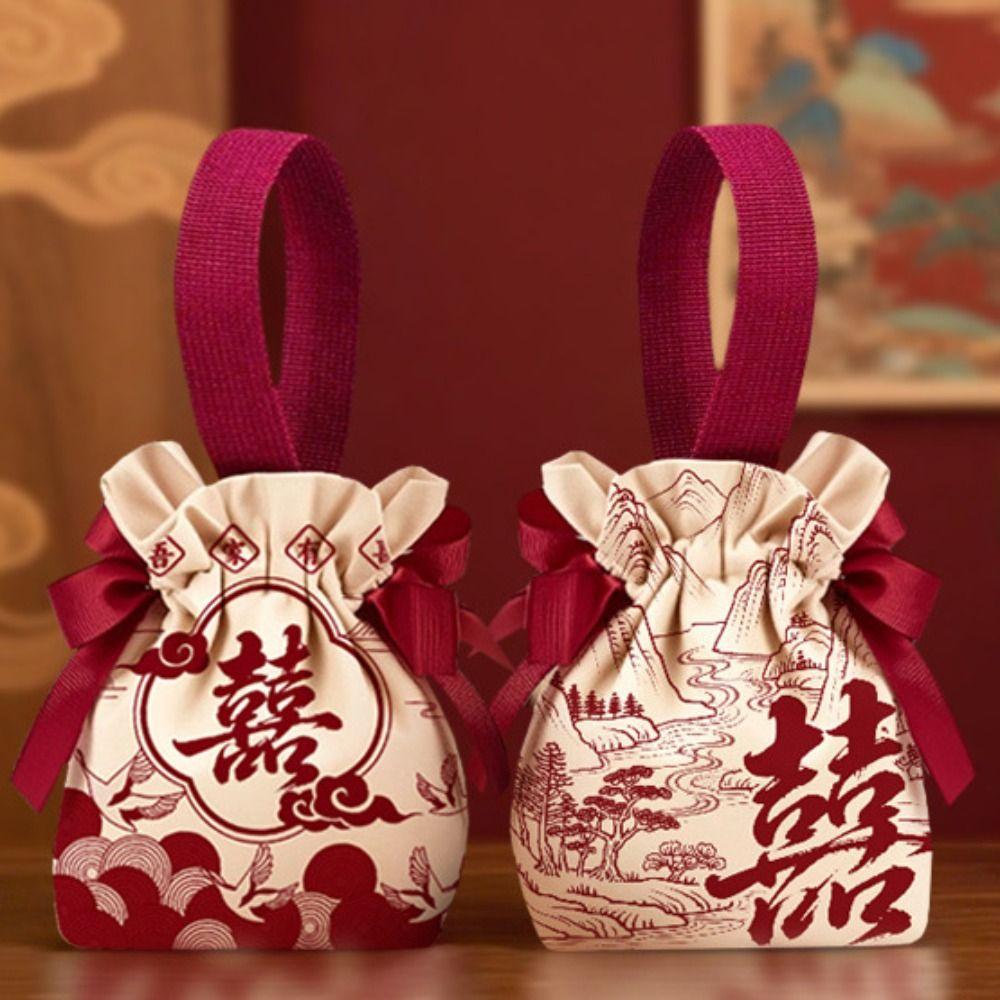 Свадебный мешочек для конфет с бантом Холщовая сумка в китайском стиле Милая маленькая сумочка на запястье Вечеринка