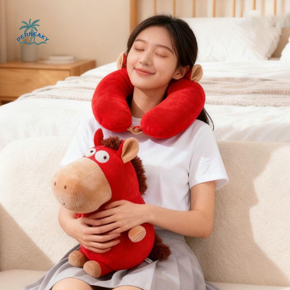 Универсальная подушка-трансформер 2 в 1 в форме лошади, U-образная, приятная на ощупь, для офиса и отдыха, а также подушка для сна с мультяшным рисунком и частицами пены, идеально подходит для деловых поездок.