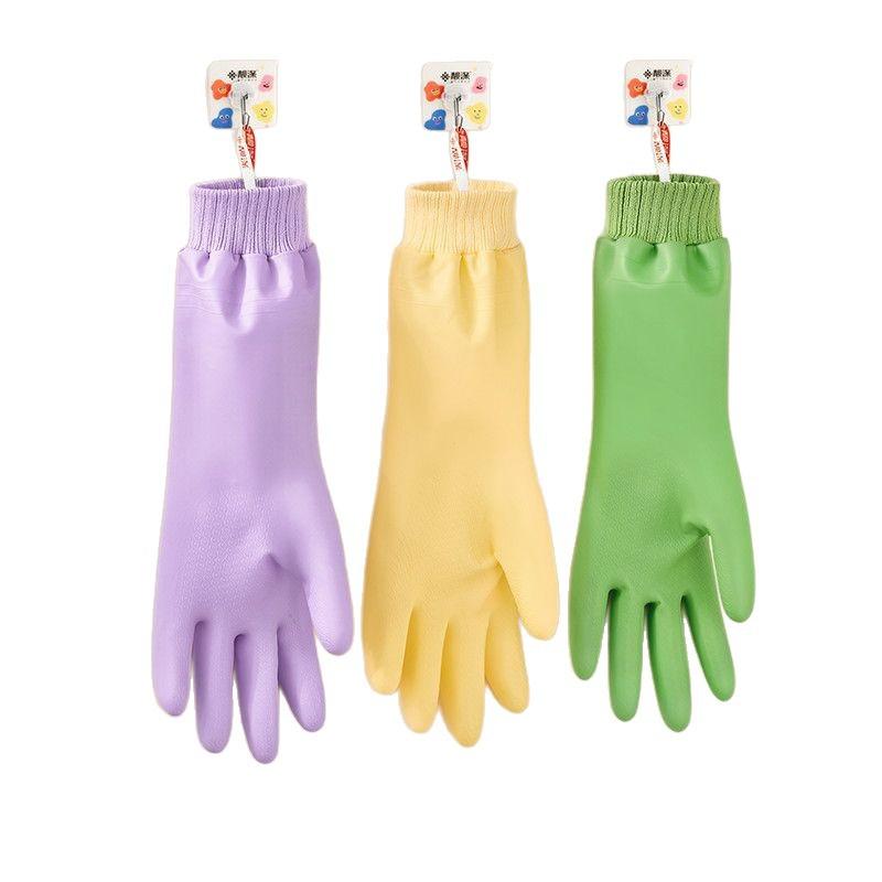 1 Pair Waterproof Dishwashing Gloves Tear-resistant Warm Fleece Cleaning Gloves Thickened Threaded Sleeve Cuff Laundry Gloves