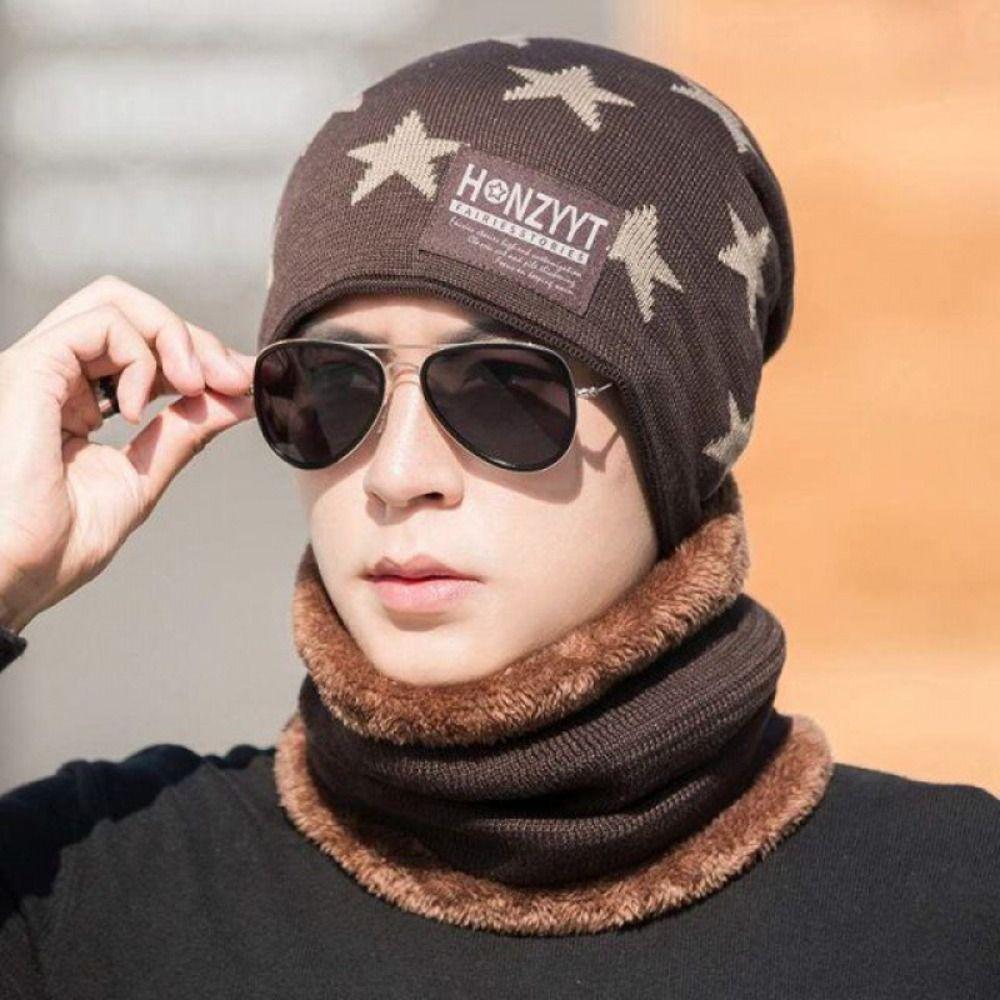Plush Men's Beanie Cap Star Neck Scarf Hat Fashion Winter Hat Scarf Set Female/Male