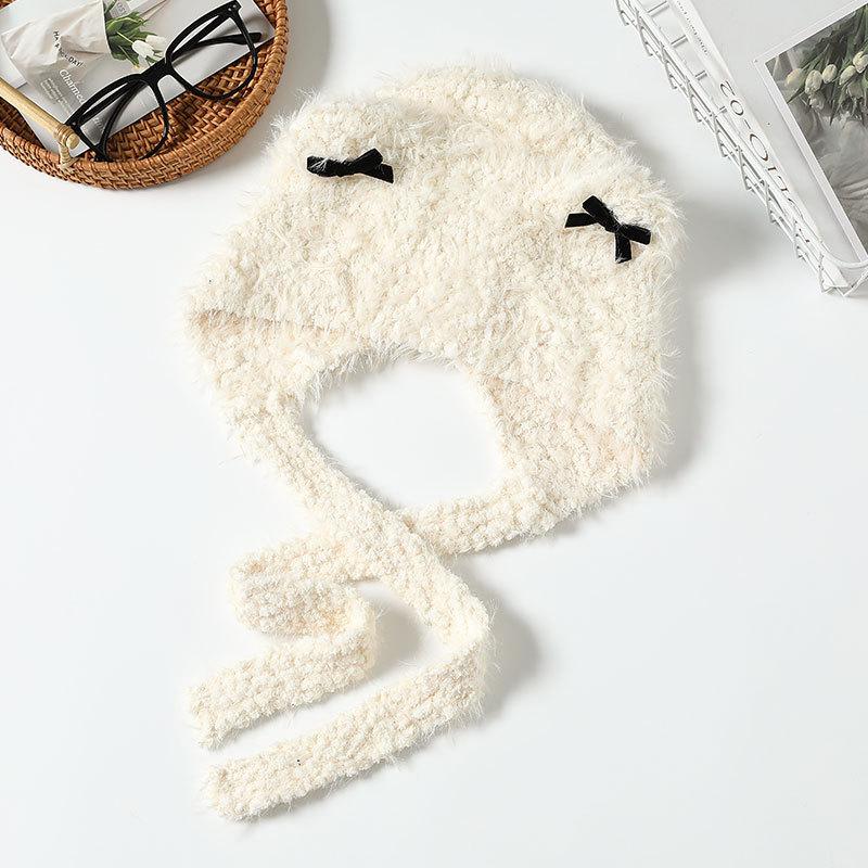 Модная шапка-бант, вязаная теплая шапка, женская осенне-зимняя шапка-пуловер с защитой ушей, коса, плюшевая шапка, шапка для езды на электромобиле