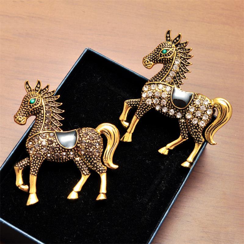 Vintage Enamel Rhinestones Galloping War Horse Zodiac Brooch Pins Women Men Fashion Clothing Accessories Suit Lapel Corsage Gift