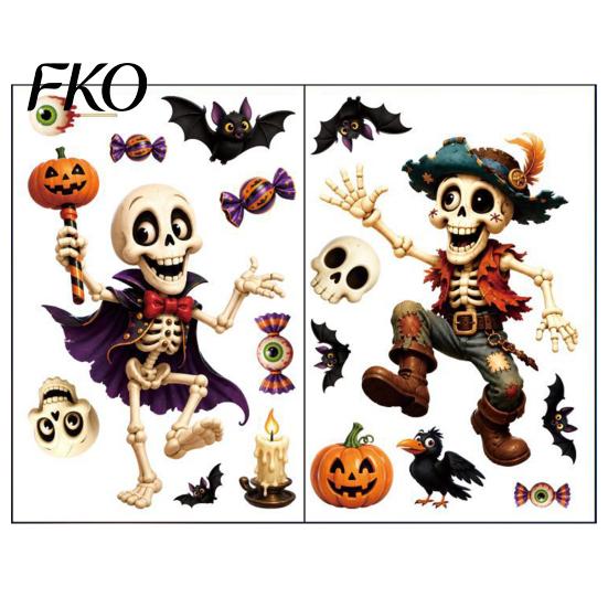Indoor Outdoor Halloween Stickers 2 Sheets Window Clings, Cartoon Skeleton Static Stickers, Funny Classic Pattern Ghosts Bats Pumpkins for Glass Doors