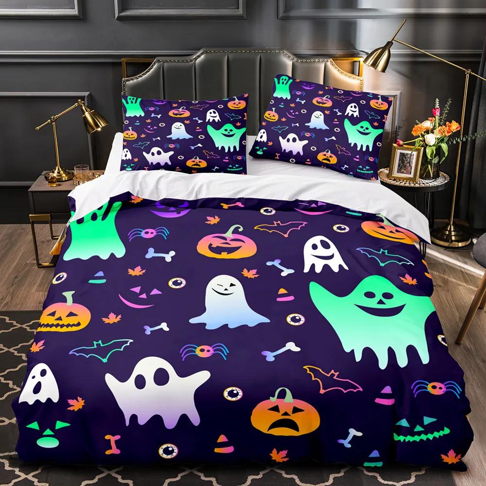 Пододеяльник на Хэллоуин King Queen Kawaii Cartoon Skull, комплект постельного белья для мальчиков, оранжевый, тыквенный, скелет, 2/3 шт., полиэстер, пододеяльник