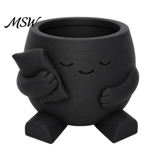 Succulent Planter Pot 3D Printed Cute Character Planter, Sleepy Face Flower with Window Sill Decorative Pillow, Mini Desktop Plant Container