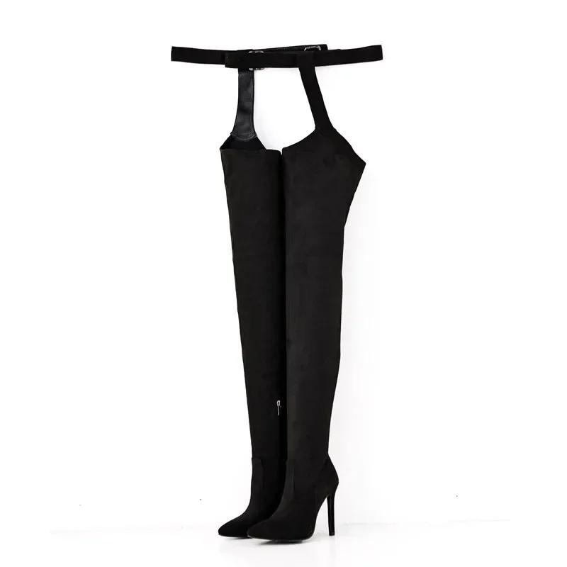 Sexy/Club Long Thigh High Women Boots Genuine Leather Pointed Buckle Belt Thin High Heel Over-the-knee Jumpsuit Boot Shoe