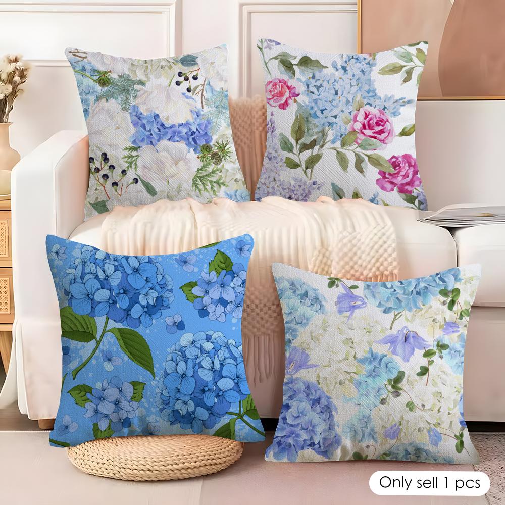 Hydrangea Cushion Cover Natural Linen Organic Fabric DoubleSided Printing Sofa Home Decor Gift Pillow Cover