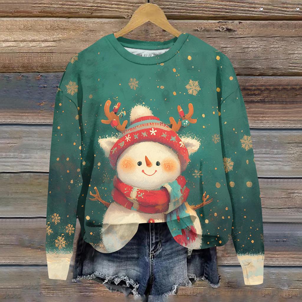 Женская толстовка с рождественским принтом, с длинным рукавом и круглым вырезом, свободный топ