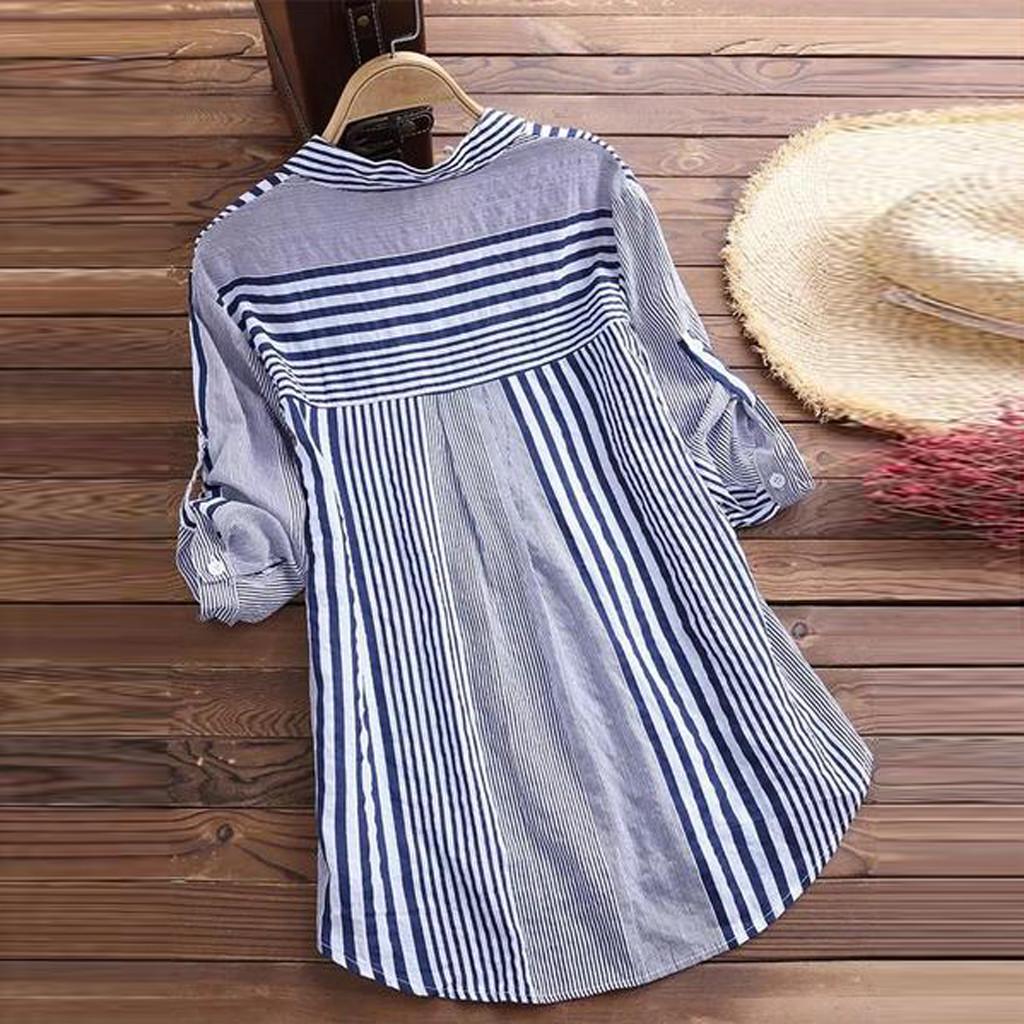 Plus Size Womens Three Quarter Striped Print V-Neck Loose Fit Top T-Shirt Blouse