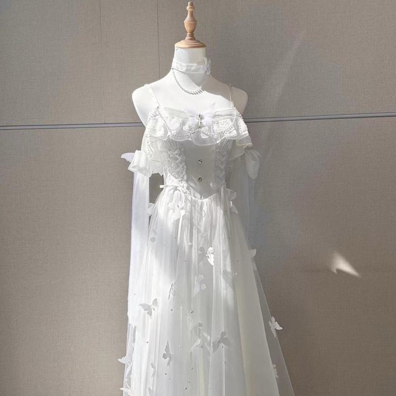 Лолита Богиня Фея Платье Весна Лето Бисер Бабочка Белый Длинный Отпуск Элегантный