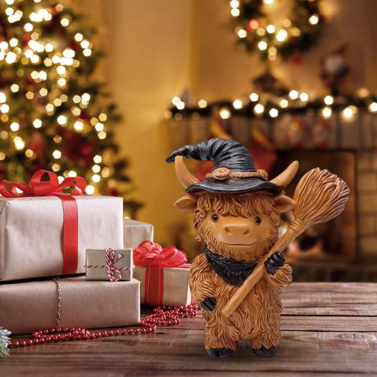 Halloween Highland Cow Resin Figurine Wizard Hat Pumpkin Broom Cattle