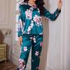 Pajamas for Women Flower Print Satin Long Sleeve Lapel Sleepwear Pajama Pants Home Clothes Nightwear Femme