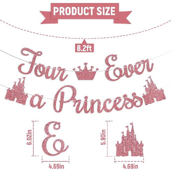 Four Ever A Princess Banner - Beautiful Girl 4th Birthday Banner, Little Princess Calstle Themed 4 Years Old Birthday Party Supplies Rose Gold