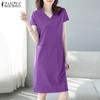 Women Casual Plain Color V-Neck Short Sleeve Dress