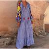 Модное женское длинное платье с V-образным вырезом и рукавами-фонариками, повседневное плиссированное праздничное свободное платье с принтом