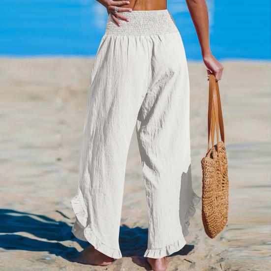 Женские повседневные брюки, плиссированные, эластичные, с высокой талией, широкие длинные брюки с карманами, манжетами-оборками, свободные брюки для отдыха