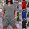 Plus Size Womens Casual V Neck Pockets Short Sleeve Jumpsuits Wide Shorts Rompers (S-5XL)