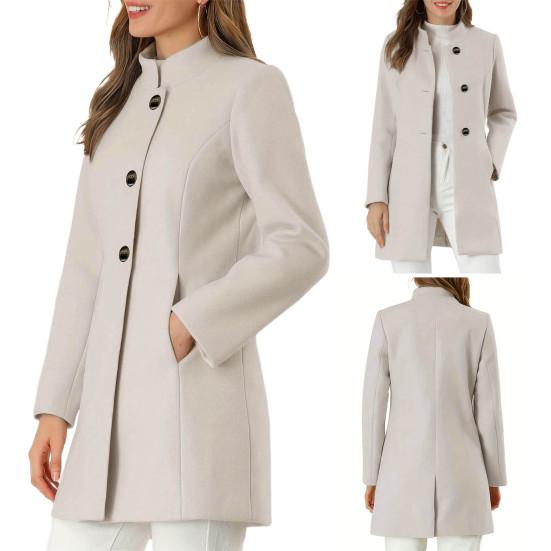 Зима-осень женское пальто-стойка с воротником-стойкой и защитой шеи с длинным рукавом, толстое теплое однобортное пальто с толстыми теплыми карманами, женское пальто средней длины