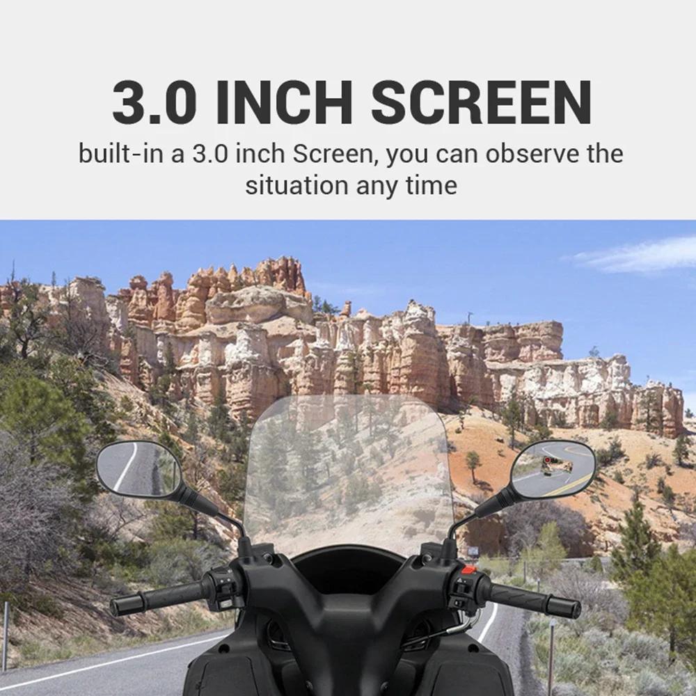 Видеорегистратор для мотоцикла 1080P, камера с двумя объективами спереди и сзади, широкий угол обзора 165°, водонепроницаемый, входное напряжение 12–100 В, циклическая запись, возможность использования карты памяти TF объемом 64 ГБ