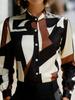 European and American style personalized geometric contrasting colors printed stand-up collar lantern long-sleeved shirt women's elegant commuter 