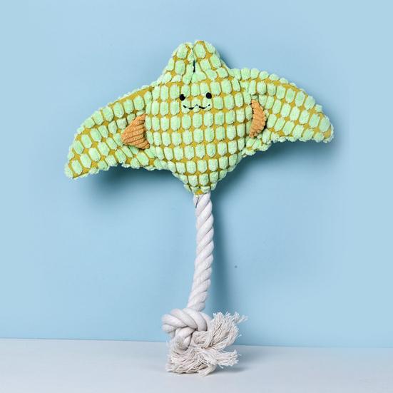 Plush Manta Ray Dog Chew Toy with Cotton Rope Squeaky Stuffed Sea Animal Plushie Boredom Reduction Dog Teething Interactive Toy