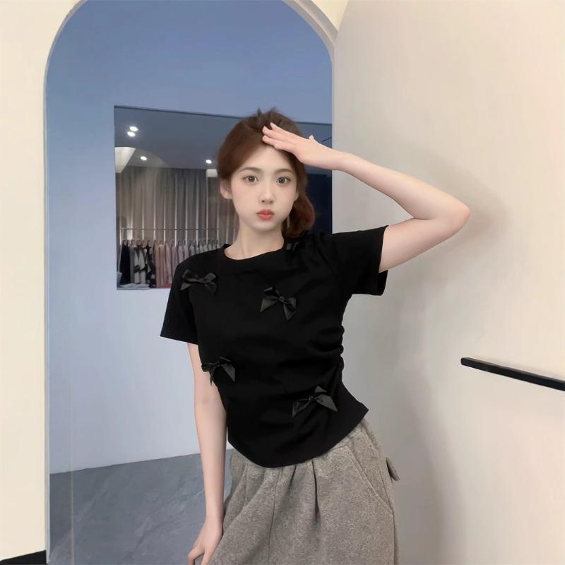 Женская футболка с короткими рукавами и открытыми плечами, стереоскопический бант, корейский топ Sweet Sister без талии