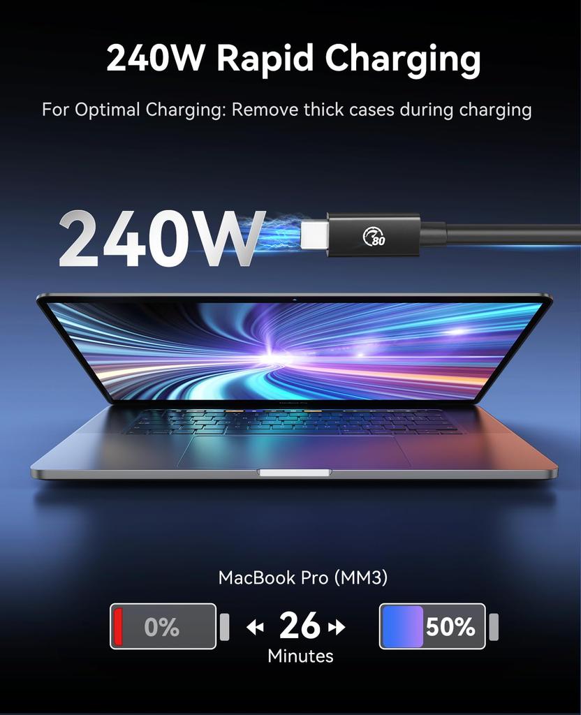 Двунаправленный 80 Гбит/с Однонаправленный 120 Гбит/с Двойной видео 240 Вт Быстрая 2 м Кабель USB-C, совместимый с устройствами Thunderbolt USB4, Поддержка 8K@60 Гц, Зарядка,