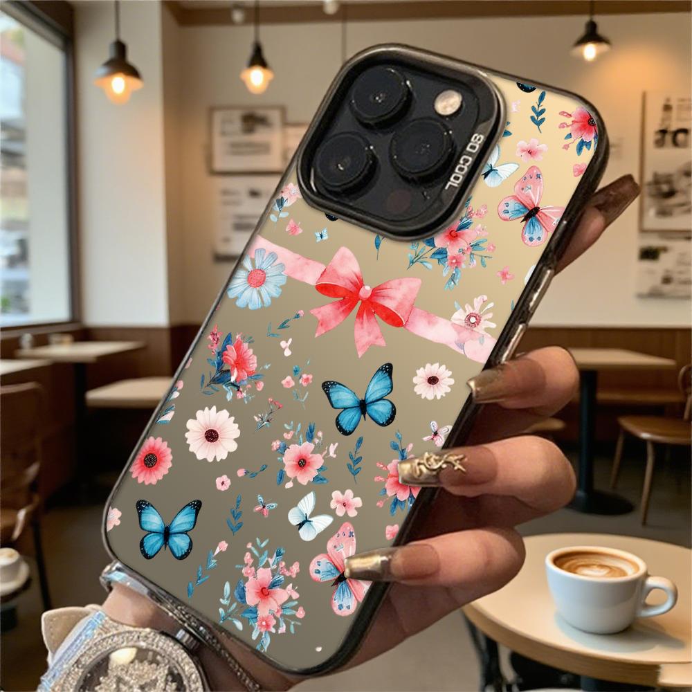 Floral Butterfly Pattern Bow Shockproof Phone Case for Iphone 16 15 14 13 12 11 Pro Max/Mini Anti-Scratch Premium Hard Cover