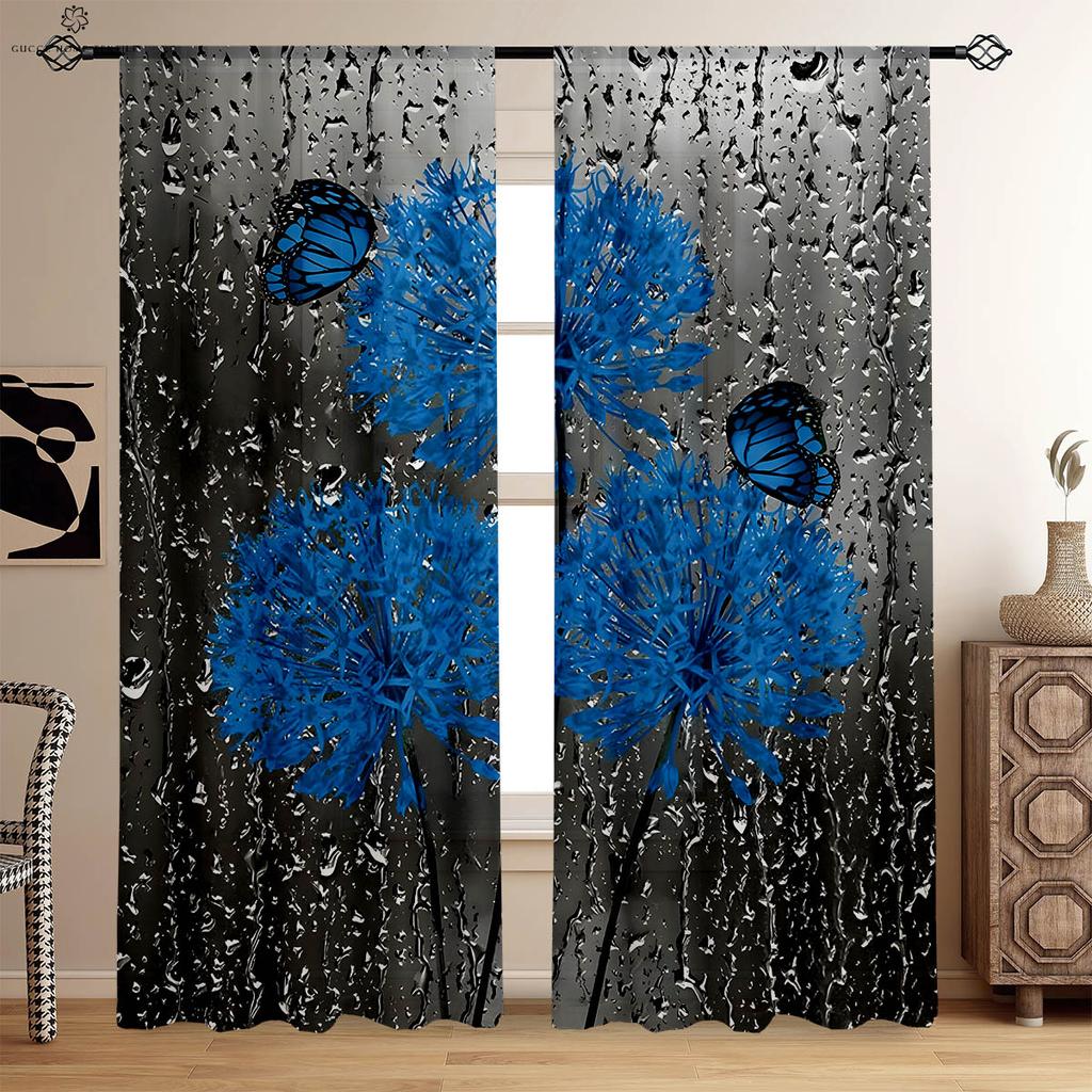 Floral Butterfly Symmetrical Printed Curtains, Decorative Curtains, Suitable for Bedroom, Living Room, Kitchen, Study Room,