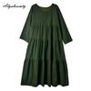 Large Size Spring Autumn Women Maxi Long Dress O Neck Green Baggy Denim Tiered Dress Layered Ruffles Vintage Ladies' Dresses