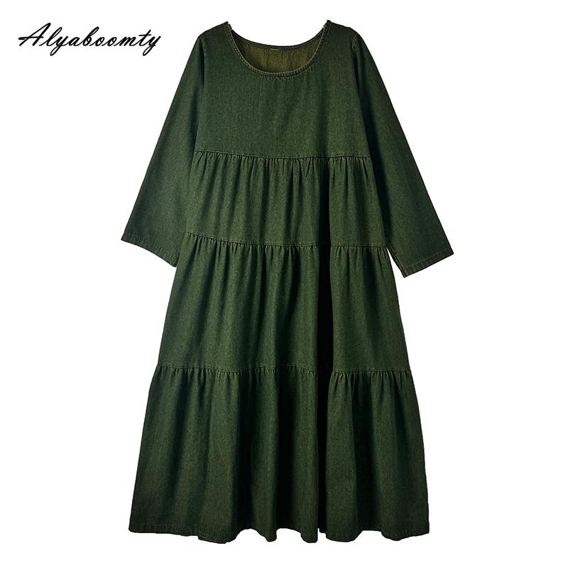 Large Size Spring Autumn Women Maxi Long Dress O Neck Green Baggy Denim Tiered Dress Layered Ruffles Vintage Ladies' Dresses