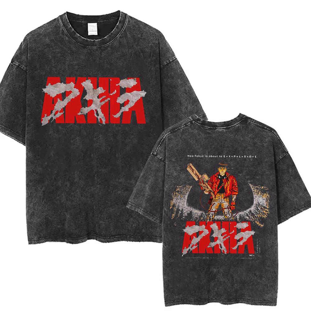 Anime Akira Vintage Washed T Shirt Japanese Science Fiction Cartoon Movie Shotaro Kaneda Manga Casual Cotton Tshirts Streetwear