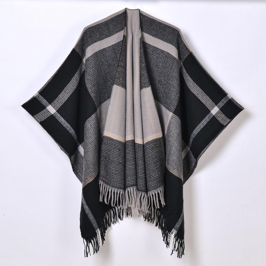 Classic Line Plaid Shawl, New Autumn and Winter Women's Thickened Knitted Cardigan Cape